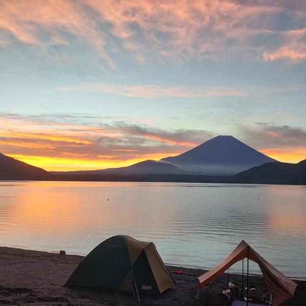 Sunrise over Mt. Fuji from a lakeside campsite